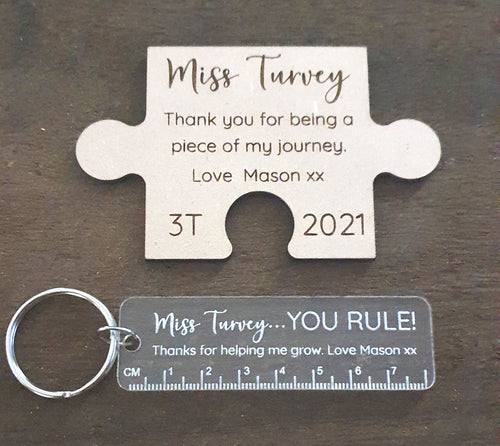 Teacher Gifts - Personalised Puzzle Magnet + Mini Keyring Set