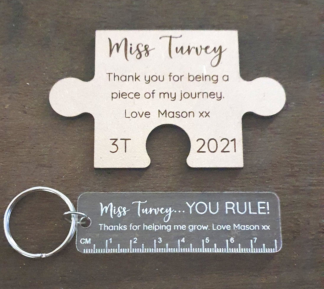 Teacher Gifts - Personalised Puzzle Magnet + Mini Keyring Set
